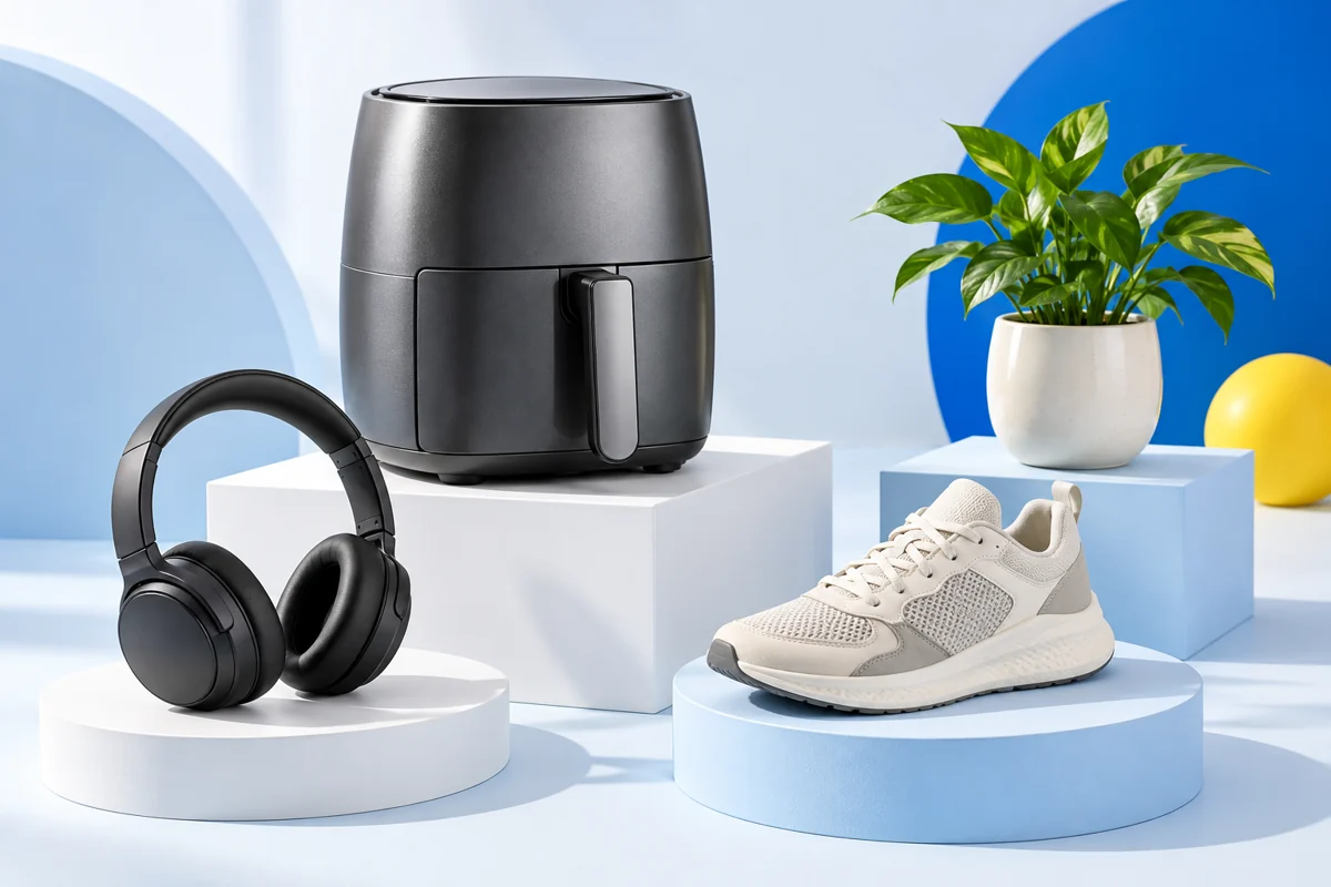 Composição ilustrativa com air fryer, tênis, fones de ouvido e um vaso para representar as categorias do FCR Ofertas